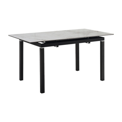 Marble-topped dining table with black metal legs shown in a product render on a white background.
