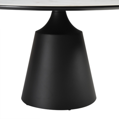 Close-up of black conical table base supporting a marble tabletop.