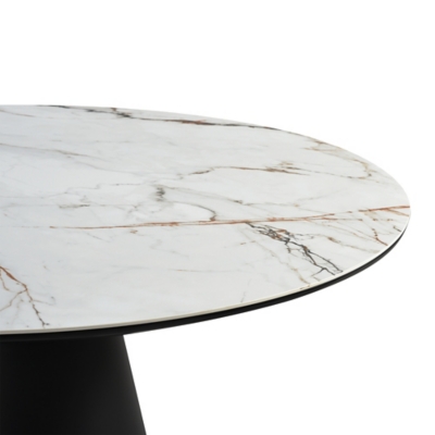 Marble tabletop with white and gray veining, edge view.