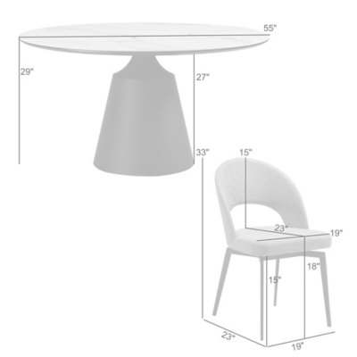 Diagram showing dimensions of round dining table and chair set, with measurements in inches.