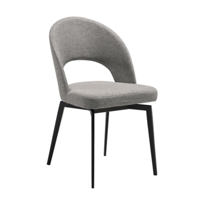 Grey upholstered dining chair with curved back and black metal legs.