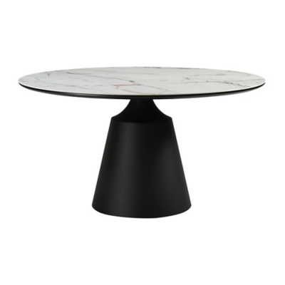 Round marble dining table top with black conical pedestal base.