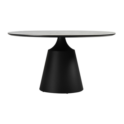 Round dining table with black conical pedestal base and white marble top from a side angle.