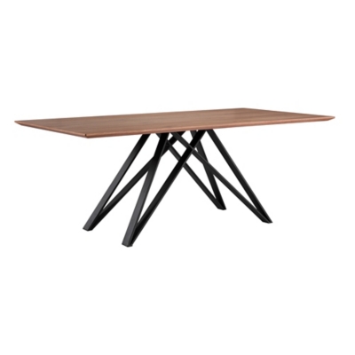 A wooden dining table with black metal crisscross legs shown in isolation