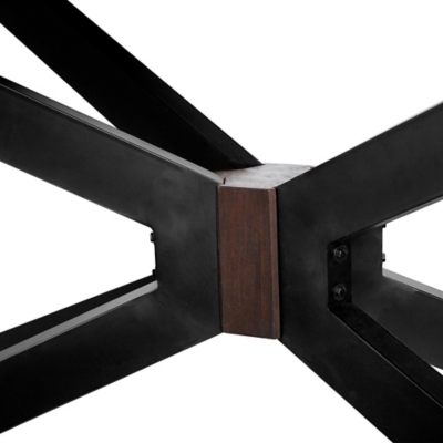 Close-up of the joint connecting metal legs to the central wooden block with bolts visible.