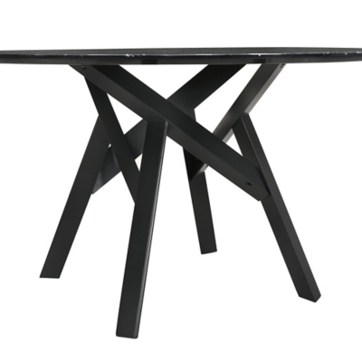 Top view of the round black marble-pattern tabletop.