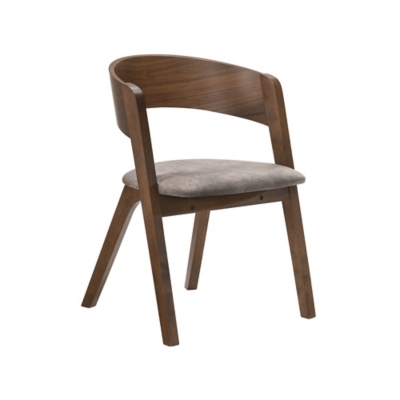 Wooden dining chair with curved backrest and gray upholstered seat, front view.