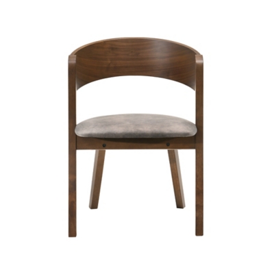 Wooden dining chair with curved backrest and wide legs, side angle.