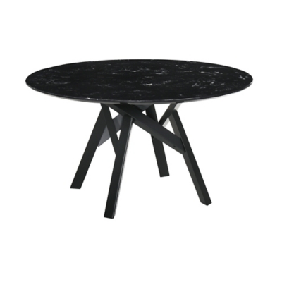 Round black marble-pattern tabletop close-up showing texture and pattern.