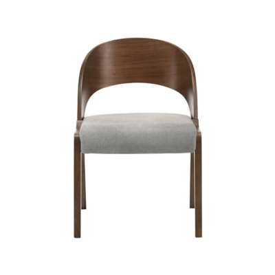Wooden armchair with rounded backrest and light gray cushioned seat.
