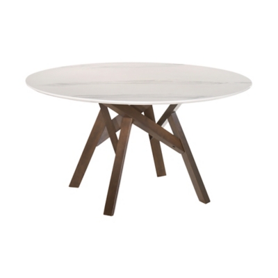 Close-up of table base showing crossed wooden legs supporting the tabletop.