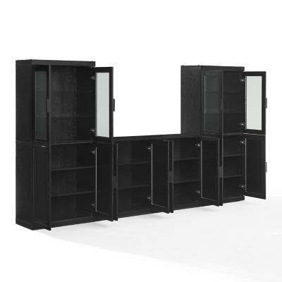 Another angled view of the black cabinet system showing different perspective with doors open