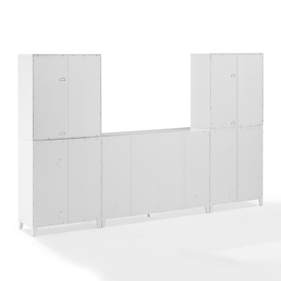 Backside of white modular cabinet set showing metal panels and rivets