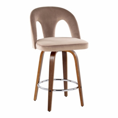 Side view of beige upholstered bar stool with curved back and wooden legs