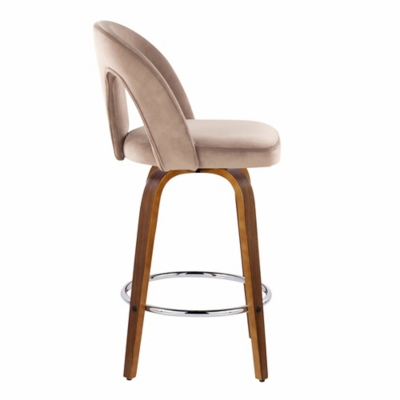 Front/side of beige upholstered bar stool with curved back