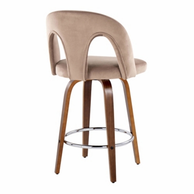 Back/side view of beige upholstered bar stool with curved back