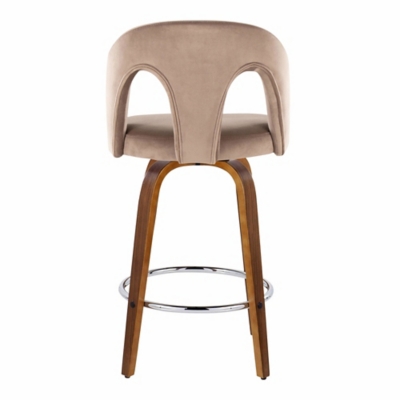 Rear/side view of beige upholstered bar stool with curved back