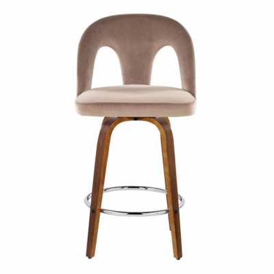Full view of two beige bar stools with curved backs