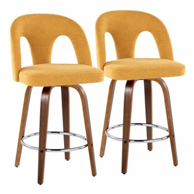 Two yellow LumiSource Ava counter height bar stools with wooden legs and chrome footrests
