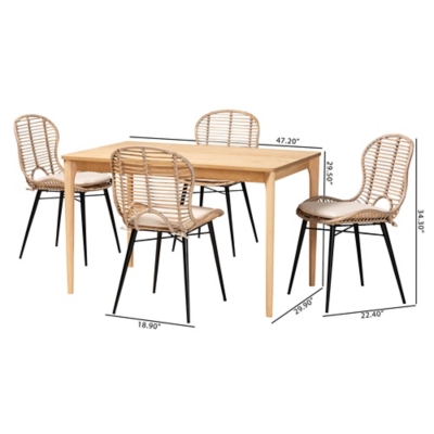 Dimensional diagram showing measurements for the dining table and chairs
