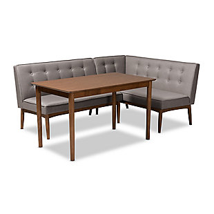 Arvid Mid-Century Modern Gray Fabric Upholstered 3-Piece Wood Dining Nook Set, , large
