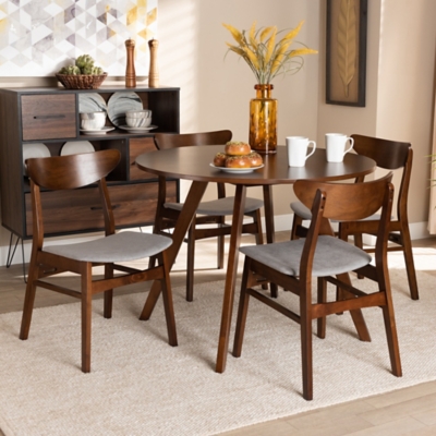Philip Transitional Light Gray Fabric Upholstered and Walnut Brown Finished Wood 5-Piece Dining Set, Gray, rollover