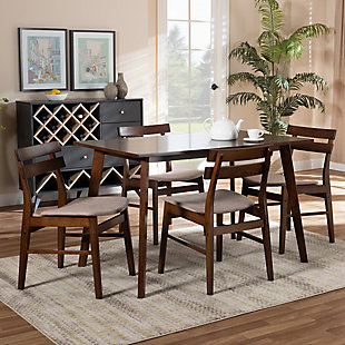 Eleri Transitional Light Beige Fabric Upholstered and Walnut Brown Finished Wood 5-Piece Dining Set, Beige, rollover