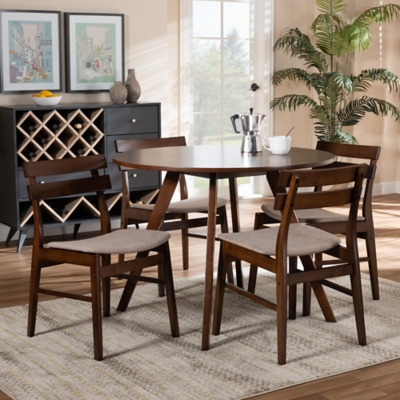 Eiko Transitional Light Beige Fabric Upholstered and Walnut Brown Finished Wood 5-Piece Dining Set, Beige, rollover