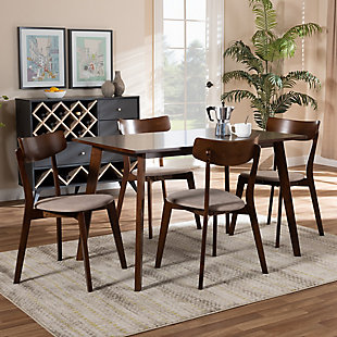 Nori Transitional Light Beige Fabric Upholstered and Walnut Brown Finished Wood 5-Piece Dining Set, Beige, rollover