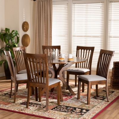 Baxton Studio Baxton Studio Lore Modern and Contemporary Gray Fabric Upholstered and Walnut Brown Finished Wood 7-Piece Dining Set, , rollover