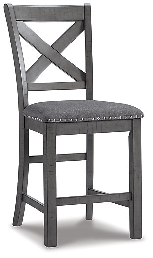 Going gray in the best possible way. The Myshanna counter height bar stool wows with an utterly on-trend smoky gray finish and X-back styling. Its softly cushioned seat with gray textured upholstery and nailhead trim will have you lingering a little longer at mealtime. Just a touch of distressing helps it fit right in with your modern farmhouse decor.Made with solid wood | Antiqued gray finish | Woven polyester upholstery | Bent plywood "X" back | Nailhead accents | Assembly required | Estimated Assembly Time: 30 Minutes