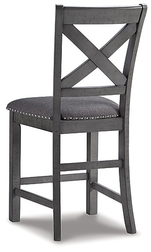 Going gray in the best possible way. The Myshanna counter height bar stool wows with an utterly on-trend smoky gray finish and X-back styling. Its softly cushioned seat with gray textured upholstery and nailhead trim will have you lingering a little longer at mealtime. Just a touch of distressing helps it fit right in with your modern farmhouse decor.Made with solid wood | Antiqued gray finish | Woven polyester upholstery | Bent plywood "X" back | Nailhead accents | Assembly required | Estimated Assembly Time: 30 Minutes