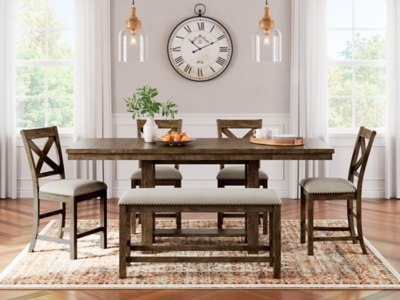 Moriville Counter Height Dining Table and 4 Barstools and Bench, Grayish Brown