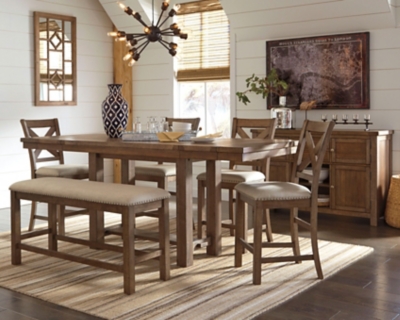 Moriville Counter Height Dining Table and 4 Barstools and Bench with Storage, Grayish Brown