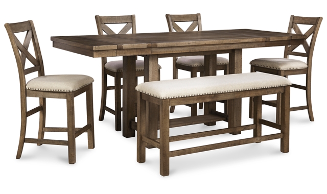 Moriville Counter Height Dining Table and 4 Bar Stools and Bench Set
