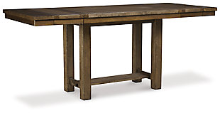 Moriville counter height dining table might be simple at first sight, but a closer look reveals beauty in the details. From the through-tenon pedestal base to the plank-effect table top and distressed nutmeg finish, Moriville is beaming with charm. Small scale is especially suited to loft-style living, but two optional leaves ensure there’s plenty of space for parties up to eight.Made of veneers, wood and engineered wood | Separate extension leaves | Table extends by pulling both ends and dropping in leaves | Seats up to 8 | Assembly required | Dining chairs sold separately | Estimated Assembly Time: 30 Minutes