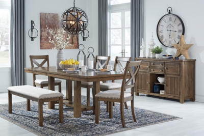 Moriville Dining Table and 4 Chairs and Bench, Grayish Brown