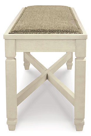 The beauty of the Bolanburg upholstered dining bench is something to savor. Serving up comfort and flair, this generously scaled bench entices with a cushioned seat covered in a heavy woven fabric that complements the antiqued white finish.Made of veneers, wood and engineered wood | Antiqued white finish | Heavy woven fabric upholstered seat | Assembly required | Estimated Assembly Time: 15 Minutes