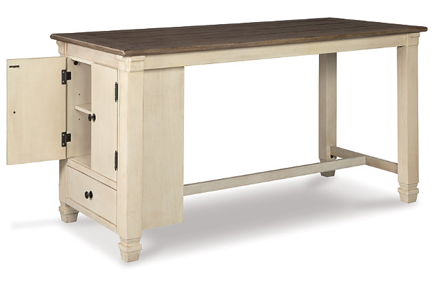 The beauty and practicality of the Bolanburg counter height table is something to savor. Two-tone textural finish gives this dining table with plank-effect top a double helping of charm. Designed for more than cozy meals, this counter height table includes a built-in cabinet and drawer to store everything from serving essentials to craft and office supplies.Made of veneers, wood and engineered wood | Two-tone textural finish; weathered oak finished top and antique white base | 1 cabinet with 1 adjustable shelf; 1 lower drawer | Seats up to 4 | Dining chairs sold separately | Assembly required | Estimated Assembly Time: 45 Minutes