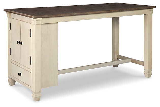 The beauty and practicality of the Bolanburg counter height table is something to savor. Two-tone textural finish gives this dining table with plank-effect top a double helping of charm. Designed for more than cozy meals, this counter height table includes a built-in cabinet and drawer to store everything from serving essentials to craft and office supplies.Made of veneers, wood and engineered wood | Two-tone textural finish; weathered oak finished top and antique white base | 1 cabinet with 1 adjustable shelf; 1 lower drawer | Seats up to 4 | Dining chairs sold separately | Assembly required | Estimated Assembly Time: 45 Minutes
