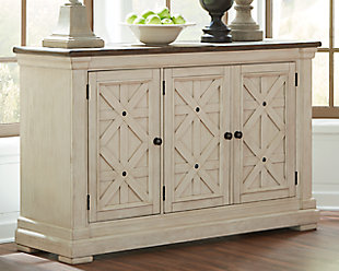 Need a stylish space to store dinnerware and all your dining room essentials? The Bolanburg server is a dream come true with four adjustable shelves that offer large capacity and a spacious top that's perfect for setting a buffet. Embellished with the casual appeal of three latticed doors, an attractive planked top with weathered oak finish and a lightly distressed white finish throughout, this vintage look will serve up elegance for years to come.Made of veneers, wood and engineered wood | Two-tone textural finish; weathered oak finished top and antiqued white finish throughout | 3 doors | 2 adjustable shelves | Assembly required | Excluded from promotional discounts and coupons | Estimated Assembly Time: 15 Minutes