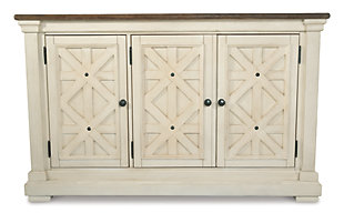 Need a stylish space to store dinnerware and all your dining room essentials? The Bolanburg server is a dream come true with four adjustable shelves that offer large capacity and a spacious top that's perfect for setting a buffet. Embellished with the casual appeal of three latticed doors, an attractive planked top with weathered oak finish and a lightly distressed white finish throughout, this vintage look will serve up elegance for years to come.Made of veneers, wood and engineered wood | Two-tone textural finish; weathered oak finished top and antiqued white finish throughout | 3 doors | 2 adjustable shelves | Assembly required | Excluded from promotional discounts and coupons | Estimated Assembly Time: 15 Minutes