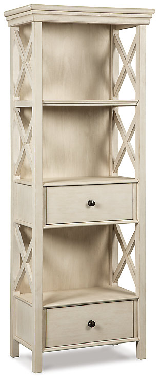 Need a stylish space to showcase dinnerware, pictures, decorations and more? The tall Bolanburg three-shelf display cabinet is a dream come true. The textured antiqued white finish provides a perfect backdrop for presentation. For the items you want to hide, there are two deep drawers. Embellished with the casual appeal of lattice sides, attractive crown moulding, clean lines and lightly distressed finish, this cottage-style shelf provides ample storage in such an artful way.Made of veneers, wood and engineered wood | Textured antiqued white finish | Light distressing | 3 shelves, 2 drawers | Back panel has replicated wood veneer surface | Latticed sides | Assembly required | Excluded from promotional discounts and coupons | Estimated Assembly Time: 90 Minutes