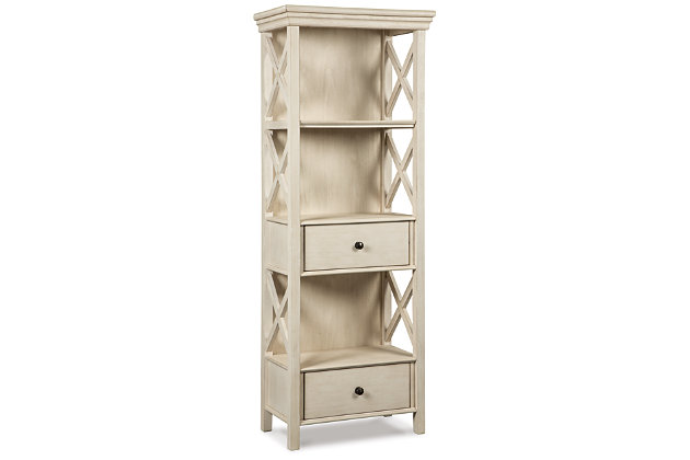 Need a stylish space to showcase dinnerware, pictures, decorations and more? The tall Bolanburg three-shelf display cabinet is a dream come true. The textured antiqued white finish provides a perfect backdrop for presentation. For the items you want to hide, there are two deep drawers. Embellished with the casual appeal of lattice sides, attractive crown moulding, clean lines and lightly distressed finish, this cottage-style shelf provides ample storage in such an artful way.Made of veneers, wood and engineered wood | Textured antiqued white finish | Light distressing | 3 shelves, 2 drawers | Back panel has replicated wood veneer surface | Latticed sides | Assembly required | Excluded from promotional discounts and coupons | Estimated Assembly Time: 90 Minutes