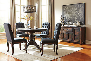 Indulge your upscale taste. Dressed to the nines with diamond button-tufted fabric, the Trudell upholstered dining room chair merges a richly elegant look with a sumptuously comfortable feel. Showcasing a complex finish with golden-brown contrasting, the dining room chair’s elegant cabriole legs are crafted of 100% hardwood for years of satisfaction.Solid wood legs | Diamond button-tufted polyester upholstery | Cushioned seat and back | Excluded from promotional discounts and coupons