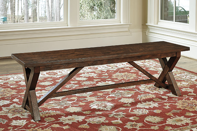 Windville dining room bench serves up a tasteful helping of rustically refined style. Classic crossbuck profile is beautifully on trend, as in the infusion of mango veneers for dramatic, grainy character. Rest assured, given its generous scale, three’s not a crowd.Made of mango veneers, wood and engineered wood | Cross-buck base | Comfortably seats 3 | Estimated Assembly Time: 30 Minutes