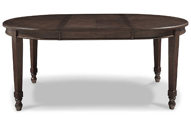 You love the look of traditional furniture—as long as it’s not overly formal. Behold the best of both worlds in the Adinton dining room extension table. The combination of classic and up-to-date design proves that opposites really do attract. Starburst veneer pattern and cross banded border add a distinctive touch to the table’s versatile profile—just pull it apart and drop in the extension to change it from round to oval. With these fine details, you can dress up a room, yet keep it feeling casual for today's lifestyle.Made of wood, birch veneers and engineered wood | Reddish brown finish | Separate extension leaf | Table extends by pulling both ends and dropping in leaf | Seats up to 6 fully extended | Assembly required | Estimated Assembly Time: 15 Minutes