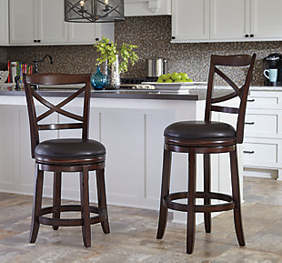 Round out your space with the Porter bar stool with 360-degree swivel. Tapered and flared with beautiful lines, the bar stool’s cherry-tone finished frame is paired with a brown faux leather upholstery for a rich look with the practicality of low-maintenance care.Made of wood and engineered wood | Faux leather upholstered seat | 360-degree swivel | Counter height | Excluded from promotional discounts and coupons | Estimated Assembly Time: 30 Minutes