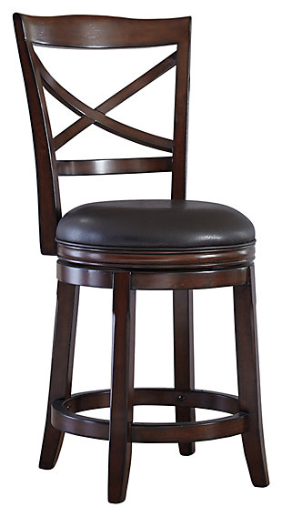 Round out your space with the Porter bar stool with 360-degree swivel. Tapered and flared with beautiful lines, the bar stool’s cherry-tone finished frame is paired with a brown faux leather upholstery for a rich look with the practicality of low-maintenance care.Made of wood and engineered wood | Faux leather upholstered seat | 360-degree swivel | Counter height | Excluded from promotional discounts and coupons | Estimated Assembly Time: 30 Minutes