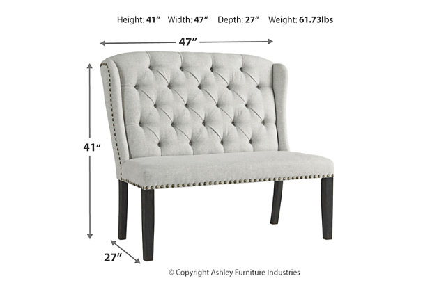 With its fashion-forward take on timeless wingback styling, the Jeanette upholstered dining bench is a feast for the senses. Richly neutral linen-weave upholstery is punctuated with nailhead trim for trendy flair. Deep button tufting enhances the luxurious look and feel that’s designed to make gathering around the table an easy-elegant experience.Made of wood | Polyester upholstery over foam cushioned seat | Button tufted back | Nailhead trim | Assembly required | Estimated Assembly Time: 15 Minutes